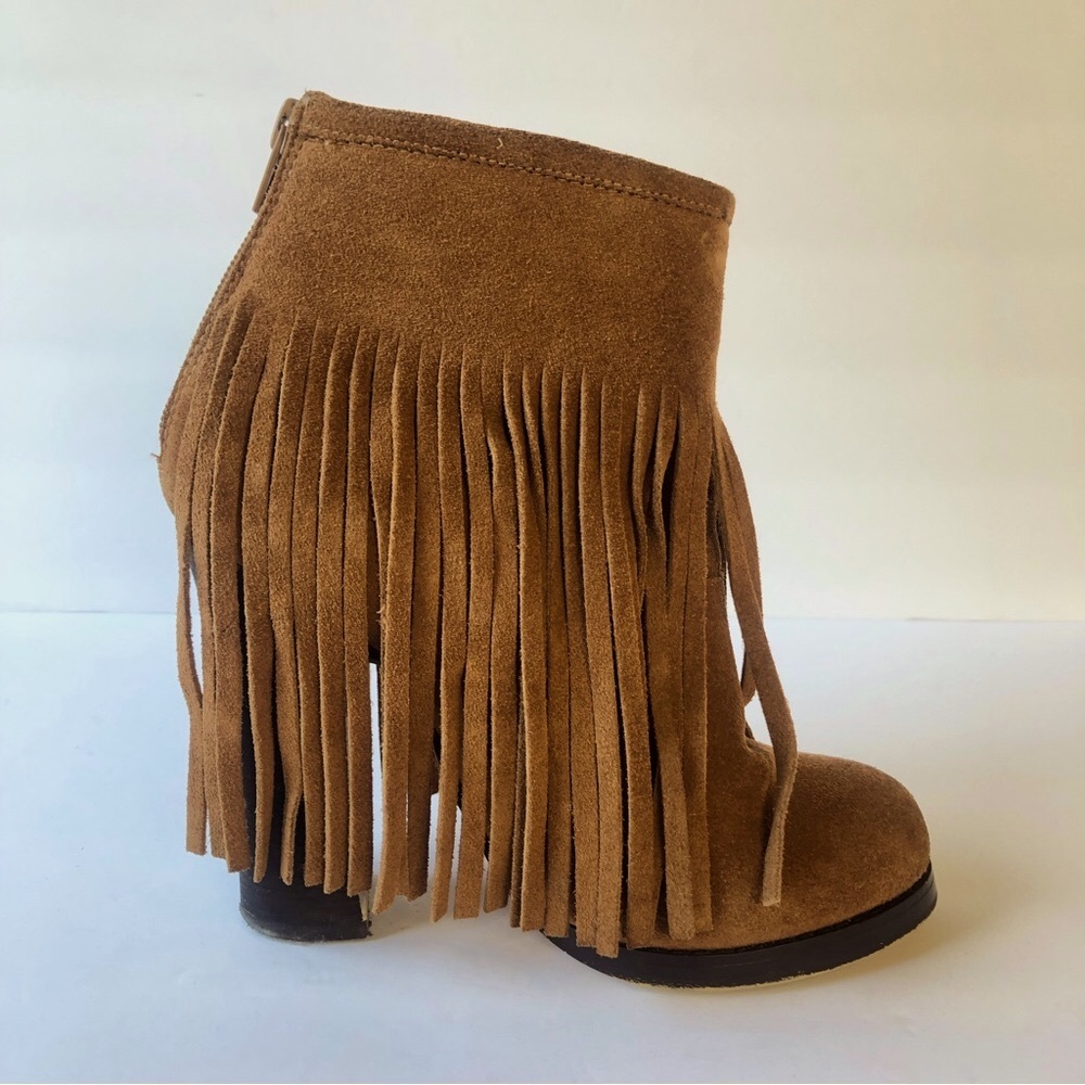 🧡 N.Y.L.A. GRAVANO COGNAC LEATHER FEINGE BOOTIE HEEL ANKLE BOOTS 6.5
